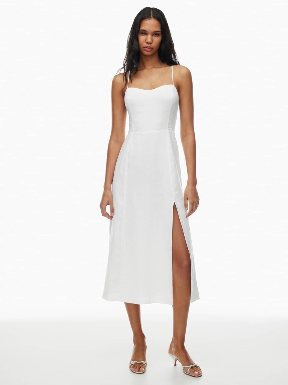 Wilfred White Linen Spaghetti-Strap Midi Dress with Side Slit
